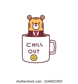 Cute tiger wearing tuxedo inside a cup of coffee, illustration for t-shirt, sticker, or apparel merchandise. With doodle, retro, and cartoon style.