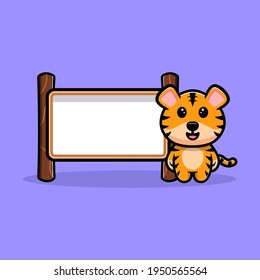 Cute tiger with white blank text board cartoon mascot
