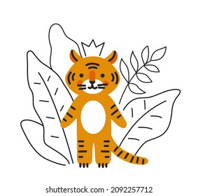 Cute tiger, wild animal. Linear tropical thickets on the background. Chinese symbol of new year 2022. Cartoon character for print, poster, calendar. Vector illustration.