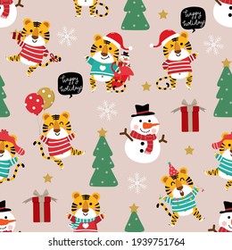 Cute tiger in winter Christmas costume seamless pattern. Animal wildlife holidays cartoon character set. -Vector