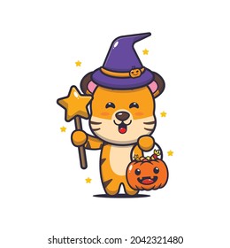 cute tiger witch with magic wand carrying halloween pumpkin
