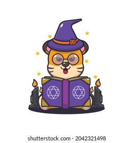 cute tiger witch reading spell book