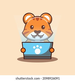Cute tiger at work in front of laptop vector cartoon illustration. Flat cartoon style. Isolated cute tiger. Suitable for stickers, web landing pages and more.