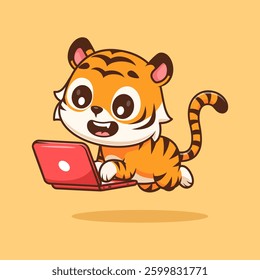 Cute Tiger Working On Laptop Cartoon Vector Icon Illustration. Animal Technology Icon Concept Isolated Premium Vector. Flat Cartoon Style
