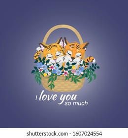 Cute tigers around flowers in basket greeting card. Valentines Day card. 