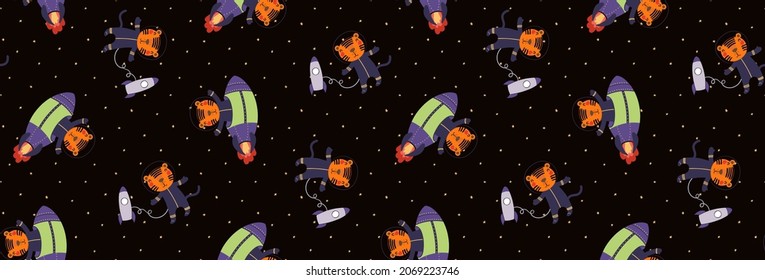 Cute tigers astronauts, space seamless pattern on black background. Hand drawn vector illustration. Flat style design. Concept for kids textile, fashion print, wallpaper, packaging, 2022 New Year.