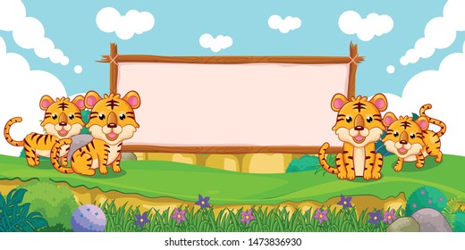 cute tigers with a blank sign wood
