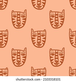 Cute Tigers Childish Cartoon Groovy Doodle Boho Illustration Naive Funky Handdrawn Style Art Seamless Pattern Vector