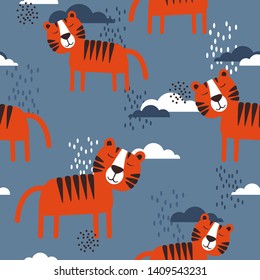 Cute tigers and clouds, hand drawn backdrop. Colorful seamless pattern with animals. Decorative cute wallpaper, good for printing. Overlapping background vector. Design illustration, roar