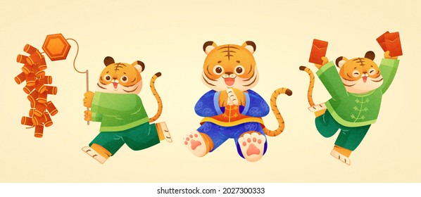 Cute tigers of CNY zodiac animals. Hand-drawn illustration of three chubby tigers in traditional costume playing firecrackers, cupping hand in greeting, and receiving lucky money Spring Festival