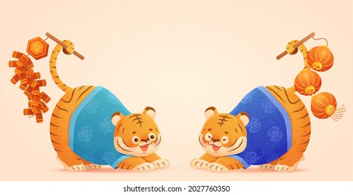 Cute tigers of CNY zodiac animals. Hand-drawn illustration of two chubby tigers in traditional costume bowing to each others on Spring Festival 