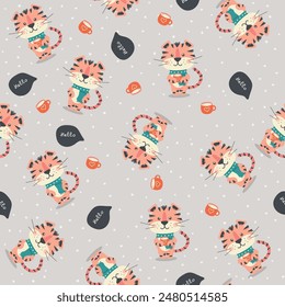 Cute tigers colour vector seamless pattern. Tiger characters cartoon texture with lettering. Scandinavian illustration. Wrapping paper, textile, background fill