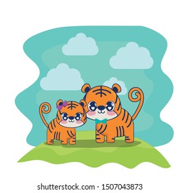 cute tigers couple characters vector illustration