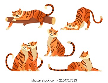 Cute tigers in different poses cartoon illustration set. African tiger and tigress sitting together. Wildcats stretching, sleeping on tree branch. Wildlife, jungle concept