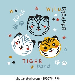 Cute Tigers Drawing for Tee Print for Kids. Little Funny Tiger Heads. Vector Baby Animals