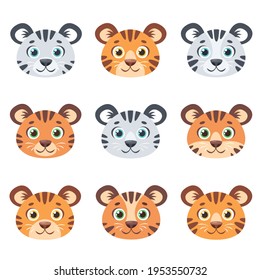 Cute tigers faces. Tiger cub. Striped tiger. Vector illustration
