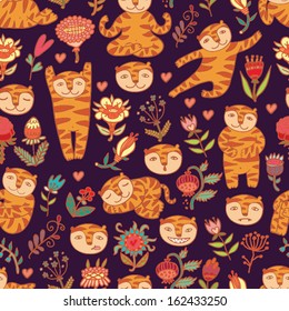 cute tigers and flowers seamless pattern