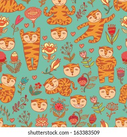cute tigers and flowers seamless pattern