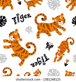 Cute tigers hand drawn color vector seamless pattern. Tiger characters cartoon texture with lettering. Scandinavian illustration. With flowers and butterflies. Wrapping paper, textile, background fill