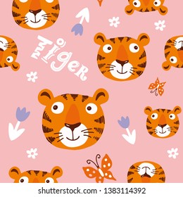 Cute tigers hand drawn color vector seamless pattern. Tiger characters cartoon texture with lettering. Scandinavian illustration. With flowers and butterflies. Wrapping paper, textile, background fill