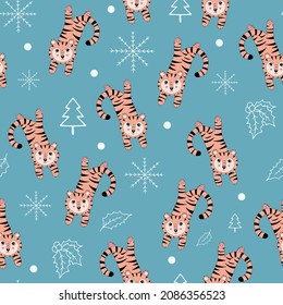 Cute tigers, hand-drawn background. Colorful seamless pattern with tigers. Decorative cute wallpaper suitable for printing. Overlapping background vector.