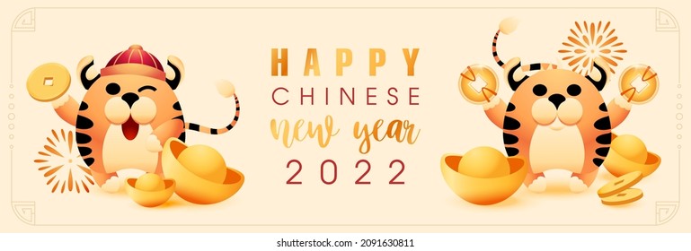 Cute tigers are holding gold yuan coins. Symbol of the coming year in a traditional oriental hat. Background for chinese new year 2022 banner with golden bars and flowers pattern. Vector illustration