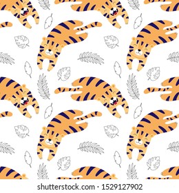 Cute tigers lay, cartoon vector seamless pattern for children. Print for textile, fabric, wallpaper, paper. 