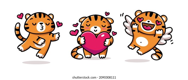 Cute tigers in love. Set of vector  cartoon characters in flat style. Valentine's Day design.