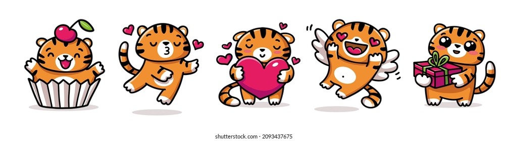 Cute tigers in love. Set of vector  cartoon characters in flat style. Valentine's Day design.