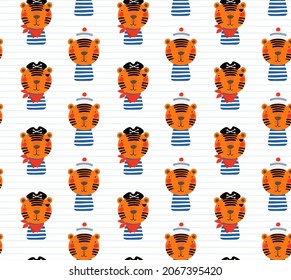 Cute tigers sailors, stripes, seamless pattern on white background. Hand drawn vector illustration. Flat style design. Concept for kids textile, fashion print, wallpaper, packaging, 2022 New Year.