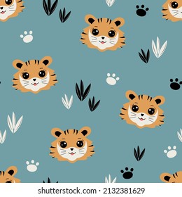 Cute tigers seamless pattern. Funny animals. Kids background with tiger cubs and footprints. Hand drawn vector illustration in Scandinavian style.