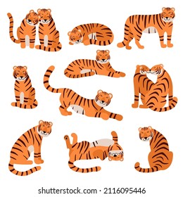 Cute Tigers set. Cartoon Tiger characters in different poses. Stand, run, sit, lie down animal. Hand drawn flat vector illustration isolated on white. For children decor, nursery design, banner.