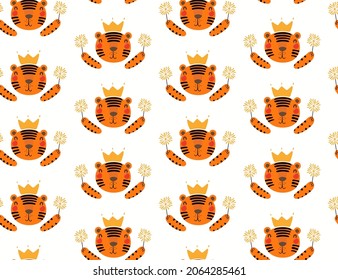 Cute tigers with sparklers seamless pattern on white background. Hand drawn vector illustration. Flat style design. Concept kids textile, fashion print, wallpaper, packaging, 2022 Chinese New Year.