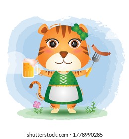 a cute tigers with traditional oktoberfest dress
