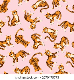 Cute tigers vector seamless pattern. Show of circus animals. Fashionable texture. Design for fabric, wallpaper, wrapping paper, invitation card, scrapbook paper.