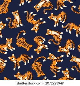 Cute tigers vector seamless pattern. Show of circus animals. Fashionable texture. Design for fabric, wallpaper, wrapping paper, invitation card, scrapbook paper.
