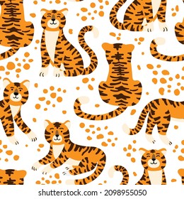 Cute tigers vector seamless pattern. Show of circus animals. Fashionable texture. Design for fabric, wallpaper, wrapping paper, invitation card, scrapbook paper.