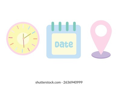 Cute time, date, and address icon set with pastel color vector illustration. Suitable for clip art, stickers, flat design illustration, etc