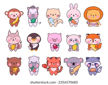 Cute tiny animals with food. Funny tiny animal, asian graphic art zoo characters. Childish stickers, fruits and vegetables, sweets nowaday vector set