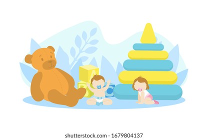 Cute Tiny Babies Playing with Giant Toys, Happy Childhood Vector Illustration