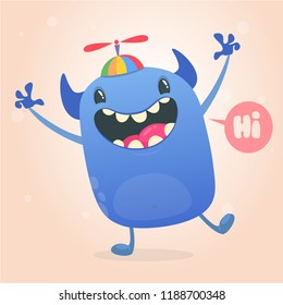 Cute tiny blue monster in kid's hat with propeller dancing. Vector illustration of monster character. Design for children book, holiday decoration, stickers or print