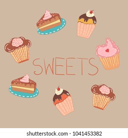 Cute tiny cakes for decoration postcard, cafe menu, kid celebration