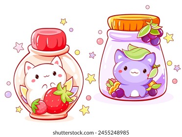 Cute tiny cat with berries in glass bottle. Set of cute animals. Kawaii kitty with strawberry. Fresh Beverage and Drink. Can be used for t-shirt print, sticker, greeting card. Vector illustration EPS8