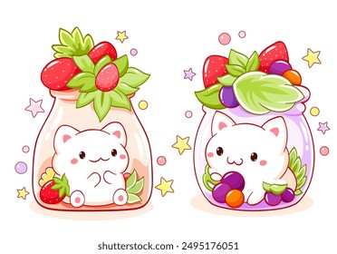 Cute tiny cat with berries in glass bottle. Set of cute animals. Kawaii kitty with strawberry. Fresh Beverage and Drink. Can be used for t-shirt print, sticker, greeting card. Vector illustration EPS8