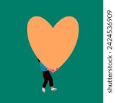 Cute tiny character holding big blank Heart. Small person carrying giant heart. Cartoon style. Hand drawn trendy Vector illustration. Love, Valentine
