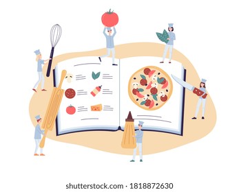 Cute tiny chiefs making pizza using a recipe book, flat vector illustration isolated on white background. Tiny cooks characters for restaurant and pizzeria.