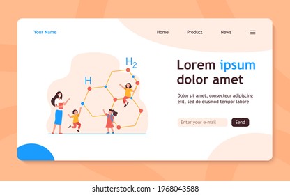 Cute tiny children learning chemistry with teacher. Molecule, mask, school flat vector illustration. Education and study concept for banner, website design or landing web page