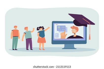 Cute tiny children watching online lecture on computer screen. Video call or webinar with teacher flat vector illustration. Online education concept for banner, website design or landing web page