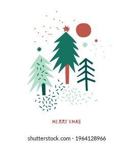 Cute tiny Christmas forest scene vector illustration isolated on white. Decorative Scandinavian moony winter background. Snowy Xmas evergreen pine-tree abstract print design.