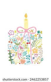 cute tiny colorful flowers and plants birthday cake with pink ribbon on white background , illustration card decoration	